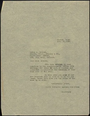 Sacco-Vanzetti Defense Committee typed letter (copy) to Emily P. Dawson, Boston, Mass., November 22, 1926