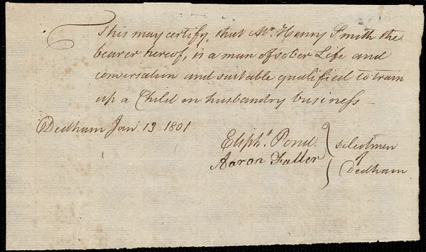 Theodore Smith indentured to apprentice with Henry Smith of Dedham, 7 January 1801