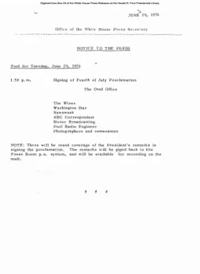 Pool for Tuesday, June 29, 1976 - Signing of Fourth of July Proclamation [Pool Assignments]