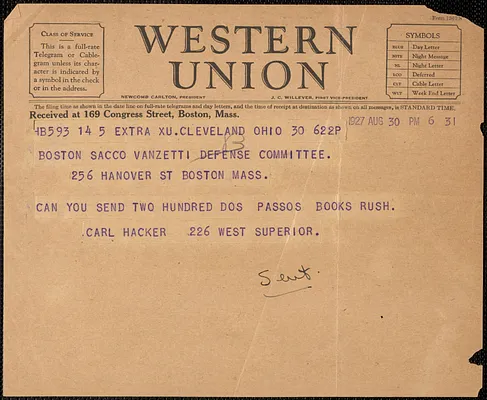 Carl Hacker (International Labor Defense) telegram to Sacco-Vanzetti Defense Committee, Cleveland, Ohio, August 30, 1927