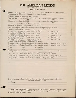 American Legion military record of Edward Connell Dooley
