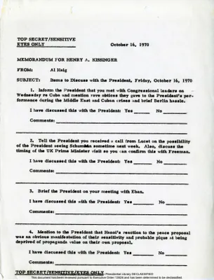 Items to Discuss with the President 9 September 70 - Dec 70 [2 of 3]