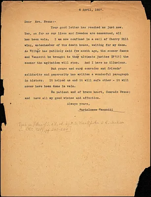 Bartolomeo Vanzetti typed letter (copy) to Elizabeth Glendower Evans, [Charlestown], 6 April 1927 ; Bartolomeo Vanzetti typed note (copy) to Elizabeth Glendower Evans, [Dedham], 13 October 1927