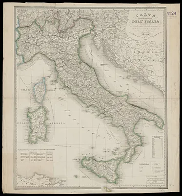 Carta geografica e postale dell' Italia ridotta dalle migliori carte fin' ora esistenti coll' indicazione di tutte le strade ferrale ed il corso dei battelli a vapore
