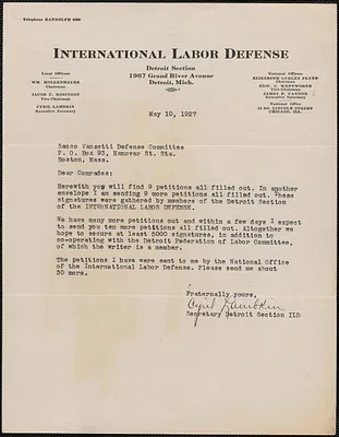 Cyril Lambkin (International Labor Defense) typed letter signed to Sacco-Vanzetti Defense Committee, Detroit, Mich., May 10, 1927