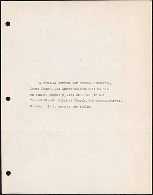 Note about memorial service being held for Michael Schwerner, James Chaney, and Andrew Goodman