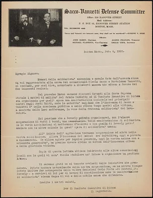 Sacco-Vanzetti Defense Committee typed letter (circular), in Italian, Boston, Mass, February 4, 1925