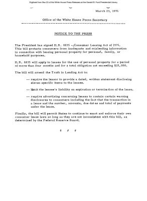 President Signs H.R. 8835, Consumer Leasing Act of 1976 [Signing Statements and Announcements]