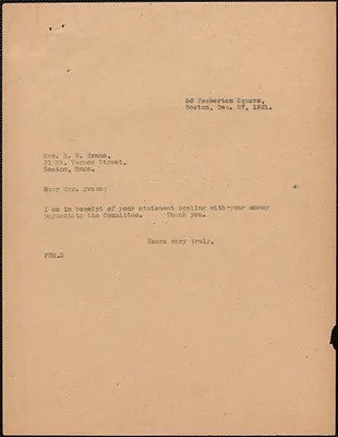Fred H. Moore typed note (copy) to E[lizabeth] G[lendower] Evans, Boston, Mass., December 27, 1921