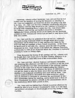 Memorandum of Telephone Conversation with Secretary of State Dean Acheson and Secretary of the Army Frank Pace