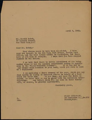 Sacco-Vanzetti Defense Committee typed letter (copy) to Harold Hatch, Boston, Mass., April 8, 1921