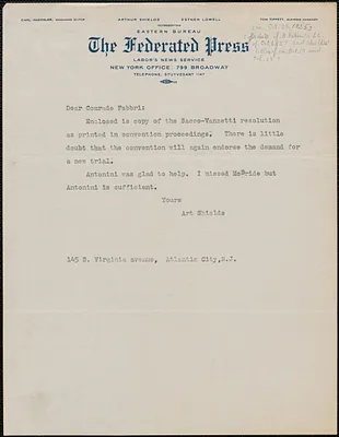 Art Shields (The Federated Press) typed letter signed to Amleto Fabbri, Atlantic City, N.J., October 15, 1925