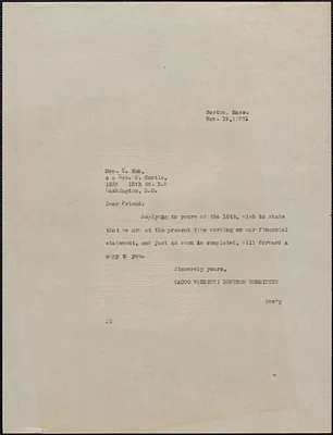 Sacco-Vanzetti Defense Committee typed note (copy) to Mrs. T. Ken, Boston, Mass., November 19, 1927