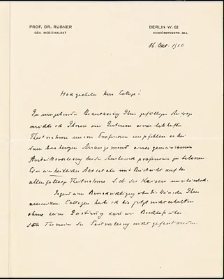 Rubner, Max, 1854-1932 autograph letter signed to Hugo Münsterberg, Berlin, 16 October 1910