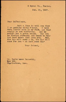 Elizabeth Glendower Evans typed note (copy) to Bartolomeo Vanzetti, Boston, 21 February 1927