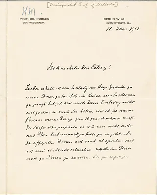 Rubner, Max, 1854-1932 autograph letter signed to Hugo Münsterberg, Berlin, 11 January 1911