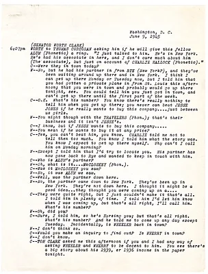 Summary of Telephone Conversation Between Senator Worth Clark and Thomas Corcoran