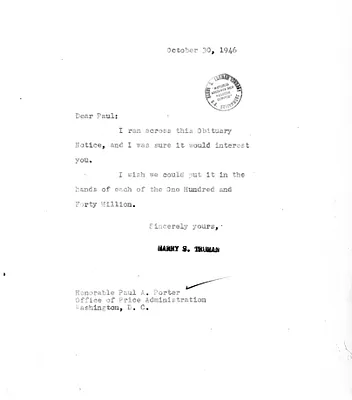 Letter from President Harry S. Truman to Paul A. Porter