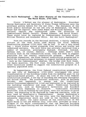 Who Built Washington? The Labor History of the Construction of the White House, 1793-1800, May 16, 1996