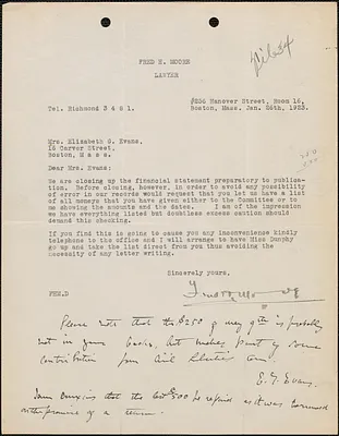 Fred H. Moore typed letter signed to Elizabeth G[lendower] Evans, Boston, Mass., January 26, 1923