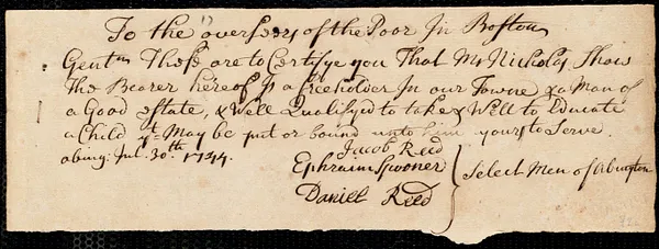Josiah Baker indentured to apprentice with Nicholas Shaw of Abington, 1 August 1744