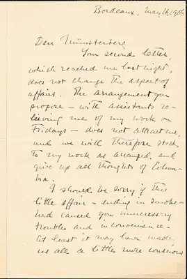 Santayana, George, 1863-1952 autograph letter signed to Hugo Münsterberg, Bordeaux, France, 16 May 1906