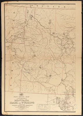 Post route map of the territories of Montana, Idaho, and Wyoming with parts of adjacent states and territories showing post offices with intermediate distances between them and mail routes in operation on 1st August 1883