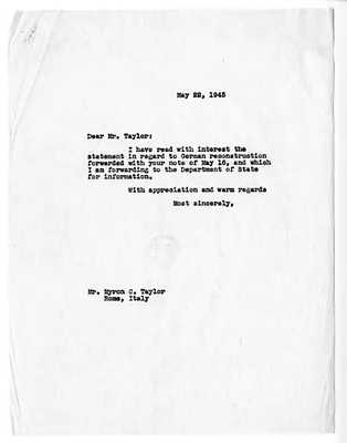 Letter from President Harry S. Truman to Myron C. Taylor