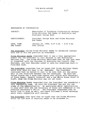 Memorandum of Telephone Conversation Between Prime Minister Bob Hawke of Australia and President George Bush, January 25, 1989