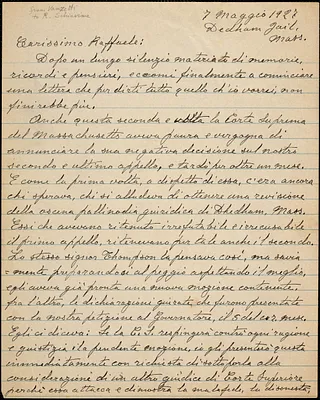 Bartolomeo Vanzetti autographed letter (incomplete) to Raffaele [Schiavina], Dedham, 7 May 1927