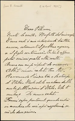Bartolomeo Vanzetti autographed letter signed (initials) to Aldino Felicani, [Plymouth, 12 April 1920?]