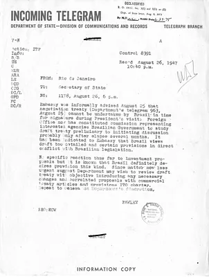Telegram from Ambassador William Pawley to Secretary of State George Marshall