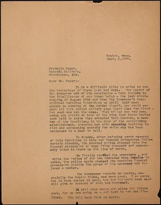 Sacco-Vanzetti Defense Committee typed letter (copy) to Frederick Raper, Boston, Mass., September 2, 1927