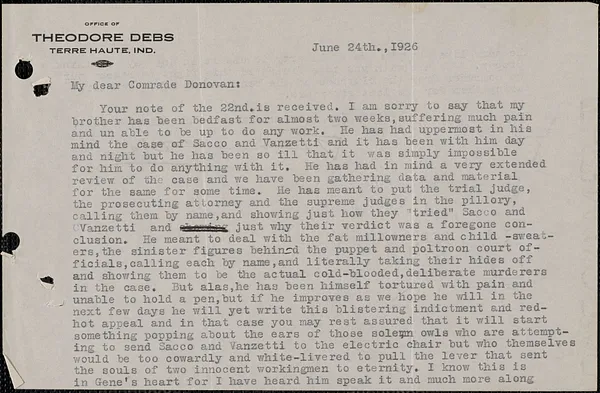 Theodore Debs typed letter signed to Mary Donovan, Terre Haute, Ind., June 24, 1926