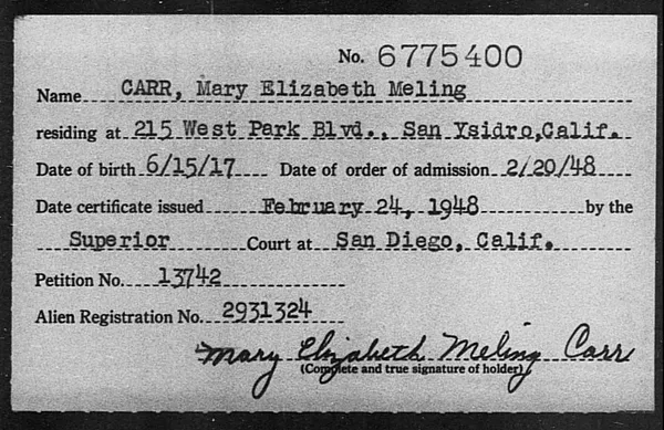 Carr, Mary Elizabeth Meling - 1948
