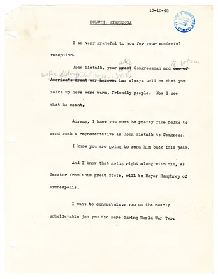 Reading Copy, Speech of President Harry S. Truman, Duluth, Minnesota