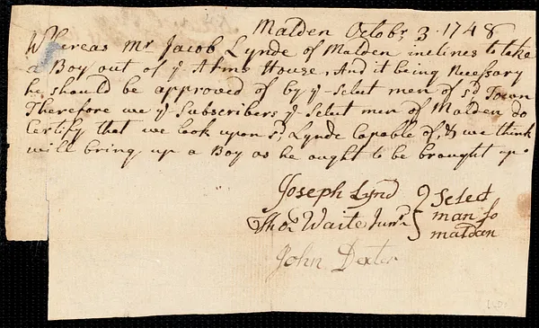 Eliakim [Eliakam] Perry indentured to apprentice with Jacob Lynde of Malden, 31 October 1748