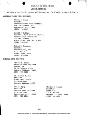 Meeting of the Vice President with Members of the Food Processing Industry [Meeting Attendee List]