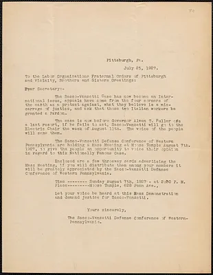 Sacco-Vanzetti Defense Conference of Western Pennsylvania typed letter (circular), Pittsburgh, Pa., July 25, 1927