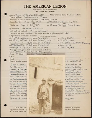 American Legion military record of Roger Williams Bennett