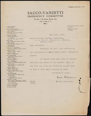 Rose Baron (Sacco-Vanzetti Emergency Committee) typed letter signed to Sacco-Vanzetti Defense Committee, New York, N.Y., May 10, 1927