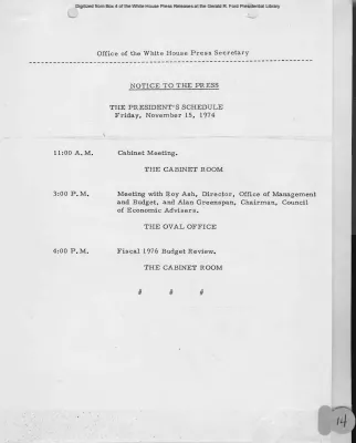 President's Schedule for Friday, November 15, 1974