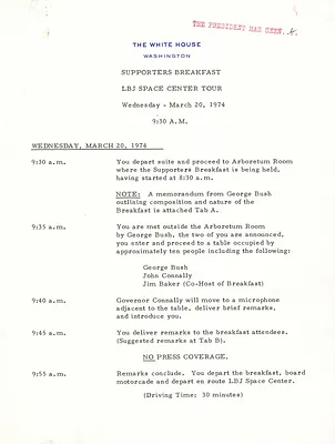 Wednesday, March 20, 1974, Supporters Breakfast/LBJ Space Center Tour