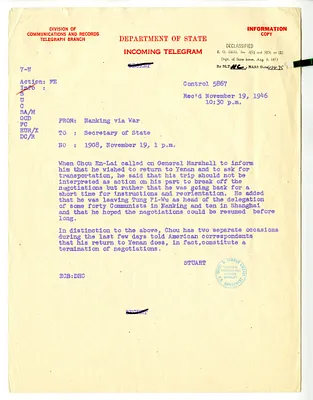 Telegram from John Leighton Stuart to Secretary of State James Byrnes