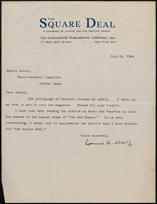 Leonard D. Abbott (The Square Deal) typed letter signed to Amleto Fabbri (Sacco-Vanzetti Defense Committee), New York, N.Y., 25 July 1926