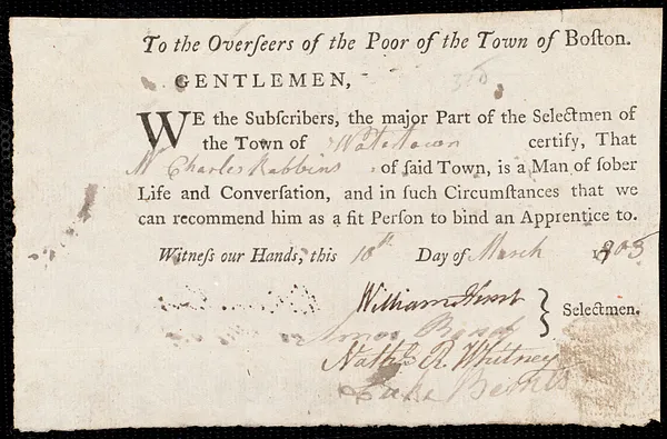 Polly Spring indentured to apprentice with Charles Robbins of Watertown, 10 March 1803