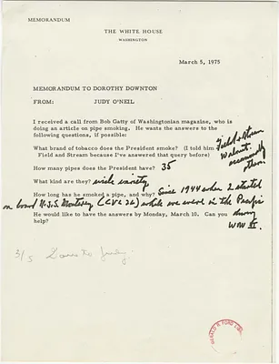 Memorandum from Judy O'Neil to Dorothy Downton Regarding President Gerald R. Ford and Pipe Smoking