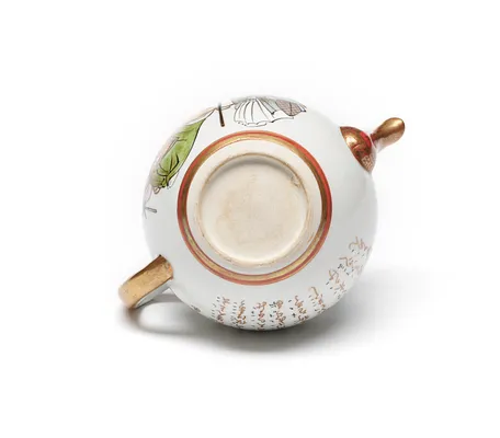 Teapot Depicting Characters and Text from Noh Play Long-Nosed Goblin in Kurama (Kurama Tengu)