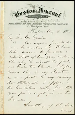 Letter from William Warland Clapp, Boston Journal, 120 Washington Street, Boston, [Mass.], to William Lloyd Garrison, Aug. 8, 1872
