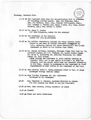 Daily Appointment Sheet for President Harry S. Truman